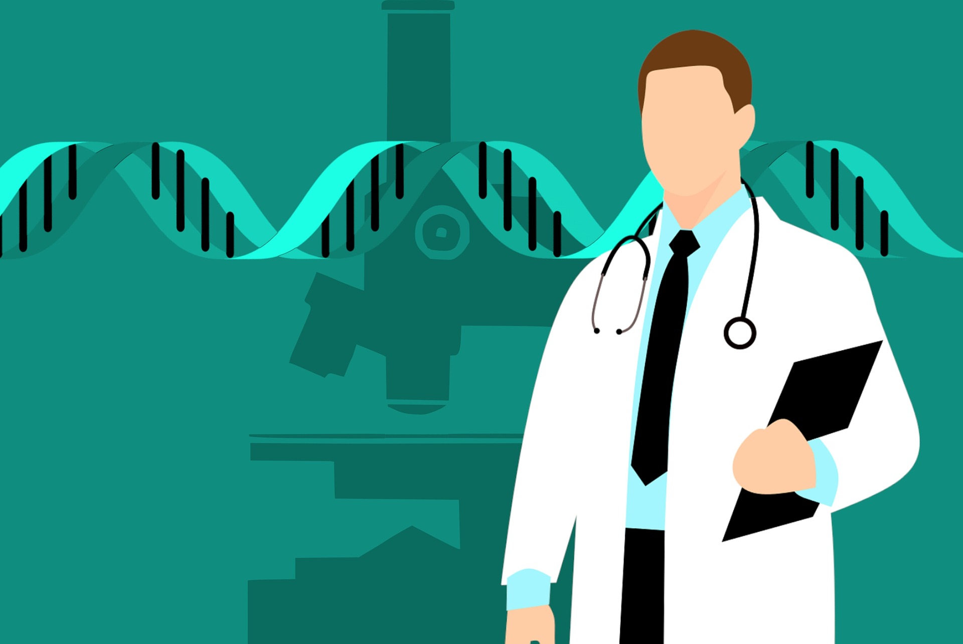 DNA 2중 나선과 현미경 배경앞에 의사가 청진기를 목에걸고 왼손에 차트를 들고 서있는 일러스틑 이미지