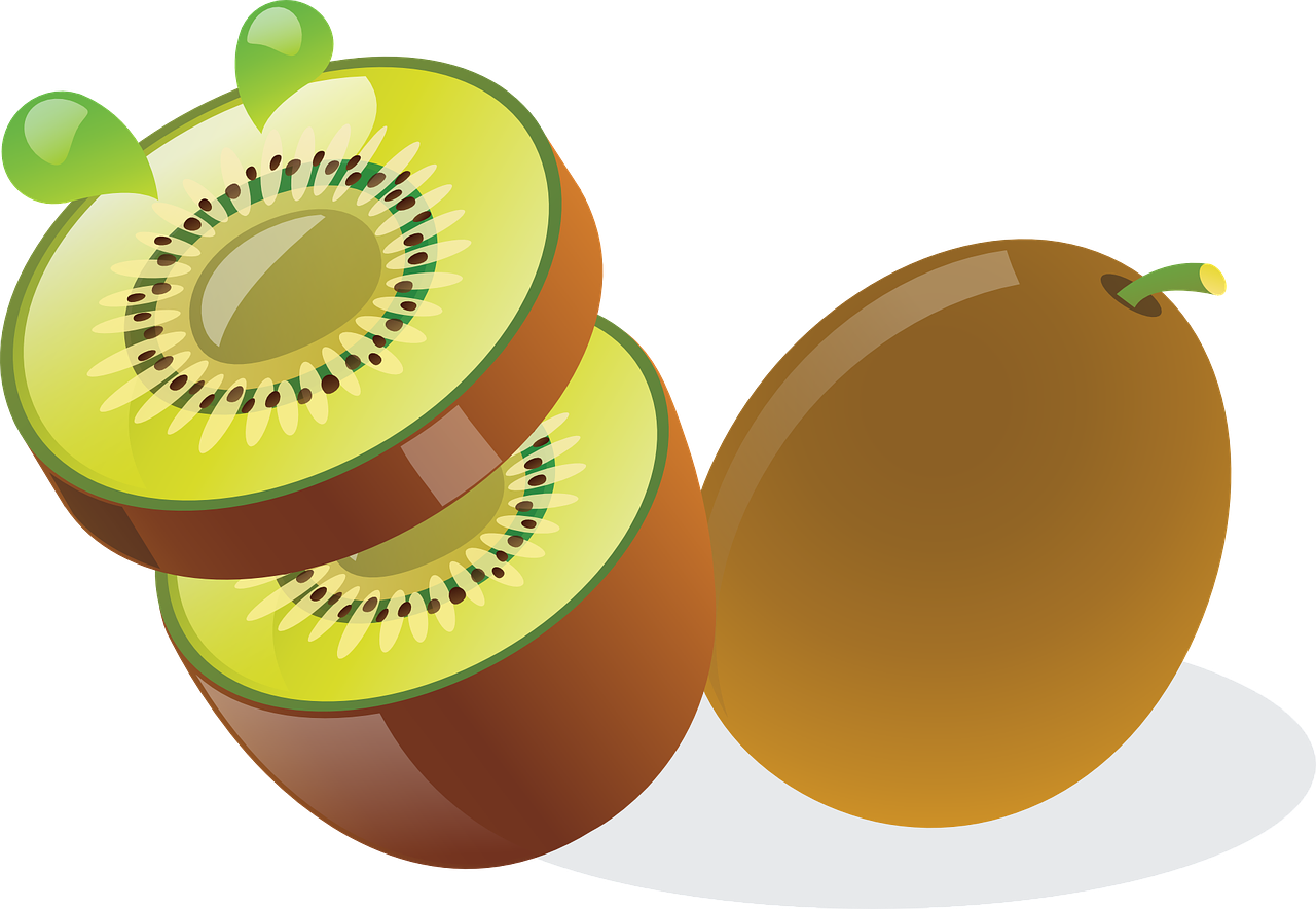 과일 키위 2개가 놓여있고 하나는 잘려져 과즙이 튀어나오는 모습이 표현된 일러스트 이미지