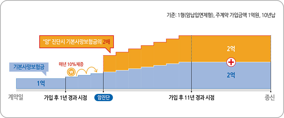 기준 : 1형(암납입면제형), 주계약 가입금액 1억원, 10년납 계약일 부터 가입 후 1년 경과 시점까지 기본사망보험금 1억원, 그 후 매년 10% 체증 되다 암 진단 시 기본사망보험금의 2배, 가입 후 11년 경과 시점 까지 체증, 그 이후 암진단시 기본사망보험금 2억 + 기본사망보험금으로 종신까지